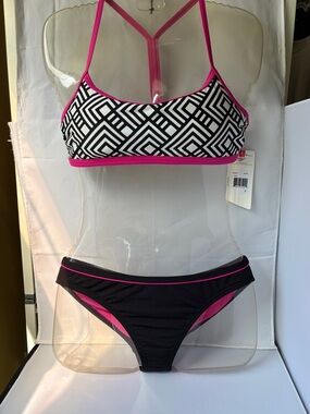 Speedo RacerBack Two-Piece Swim Bikini; Removable Soft Cups; Pink, White & Black